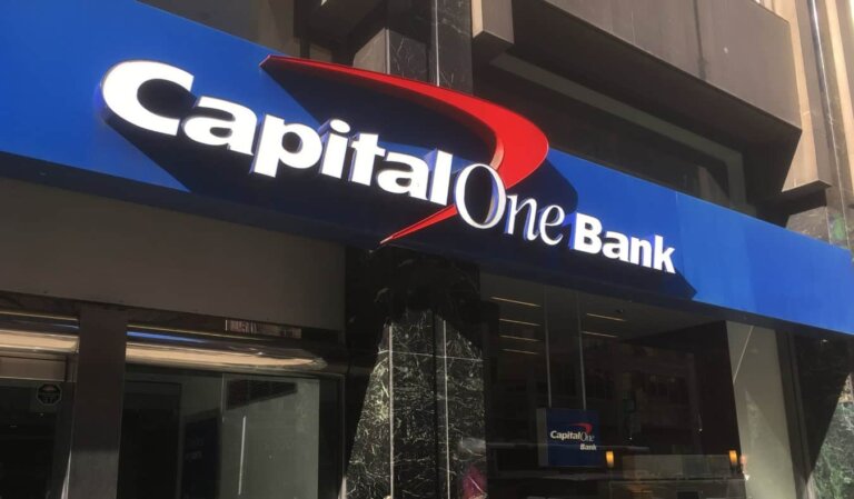 The large sign on the exterior of a Capital One Bank